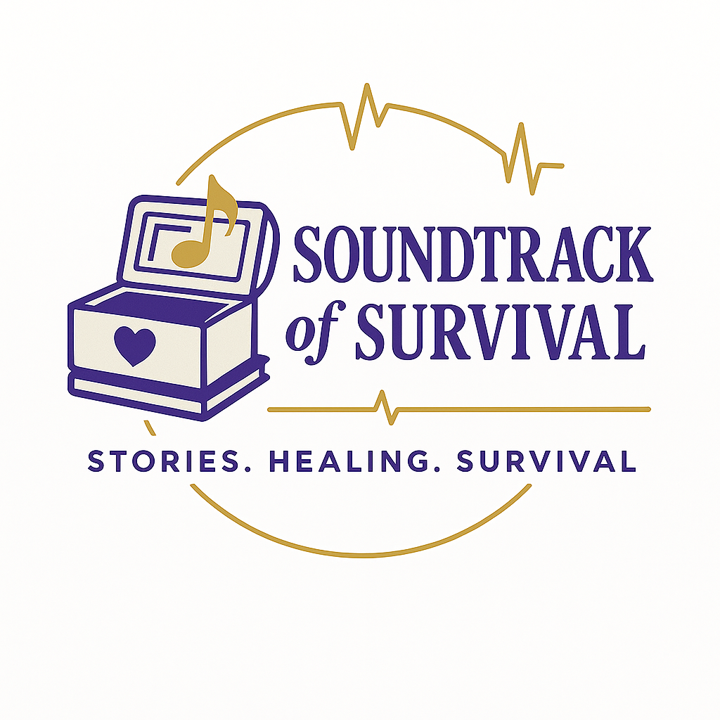 Soundtrack of Survival logo featuring a purple and gold music box with a heart and musical note, representing grief, healing, and resilience through storytelling.